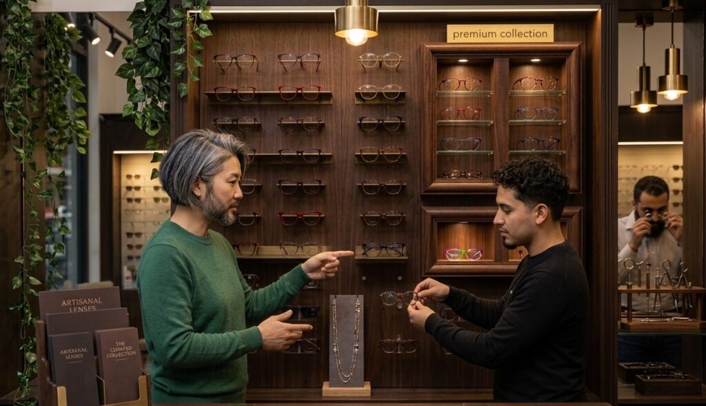 A professional optician at Applewood Optical helps a customer select designer frames. They are standing in front of a luxury wooden display wall showcasing an extensive collection of premium eyeglasses and sunglasses in Mississauga.