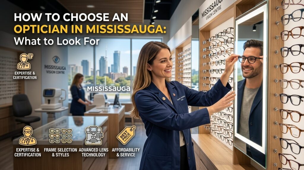 Optician fitting glasses in Mississauga