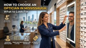 Optician fitting glasses in Mississauga